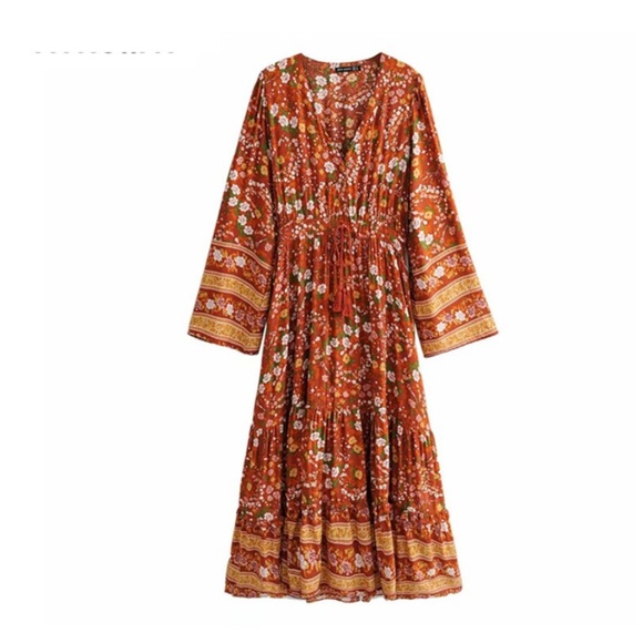 boho chic gypsy floral print low neck maxi dress - Picture 3 of 5